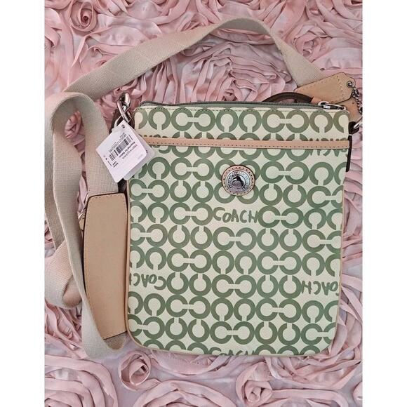 Coach Signature Crossbody Bag Womens Green White Leather Leah Op Art Swingpack - Picture 1 of 8